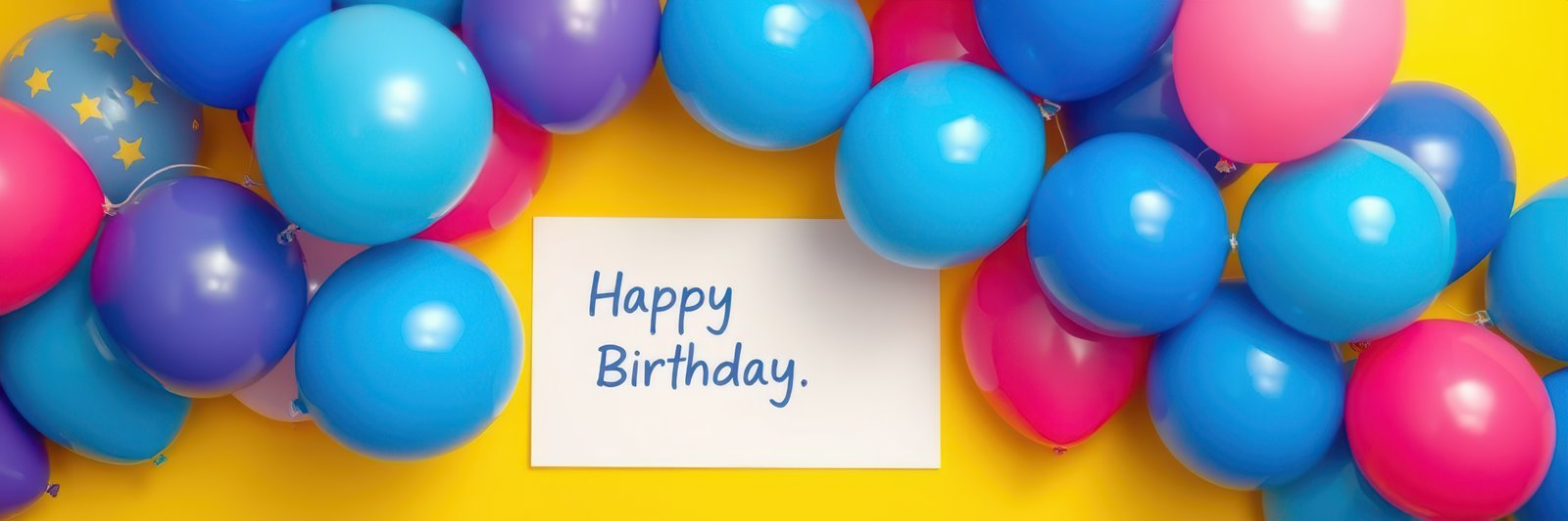 Decorated birthday setting with colorful balloons and a greeting card on a bright yellow background
